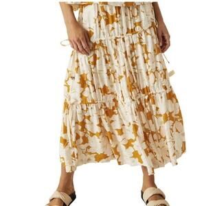 Mon Renn Magnolia Floral Tiered Midi Skirt Yellow Cream Size XS